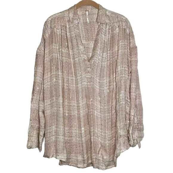 Free People Women's Fearless Love Plaid Woven Shirt Beige/Pink Sequins‎ XSmall - Picture 1 of 8